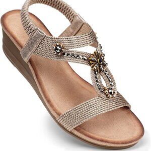 Women's Wedge Sandals Faux Leather Flower Rhinestone Summer Dressy Shoes